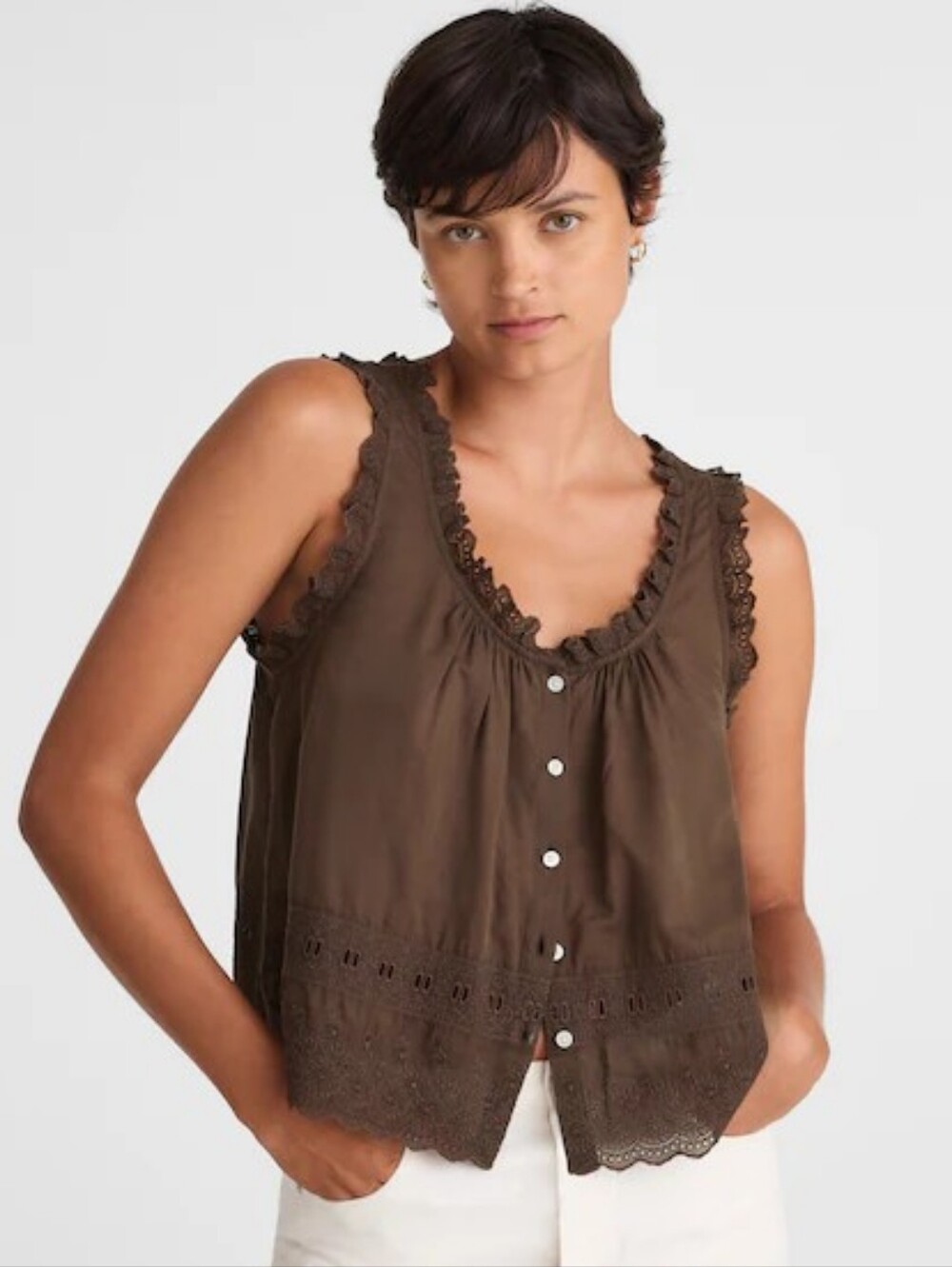 Madewell Embroidered Scalloped Tank in Roasted Chicory